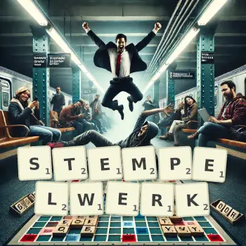 Kreative Illustration für ein Scrabble-Spiel, bei dem das Wort STEMPELWERK mit Steinen auf dem Brett gelegt wurde.