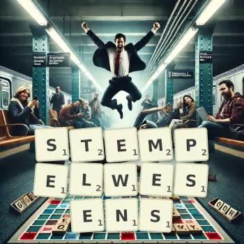 Kreative Illustration für ein Scrabble-Spiel, bei dem das Wort STEMPELWESENS mit Steinen auf dem Brett gelegt wurde.