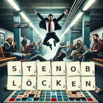 Kreative Illustration für ein Scrabble-Spiel, bei dem das Wort STENOBLÖCKEN mit Steinen auf dem Brett gelegt wurde.