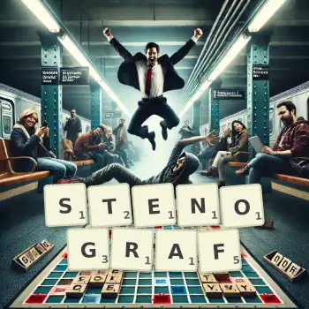 Kreative Illustration für ein Scrabble-Spiel, bei dem das Wort STENOGRAF mit Steinen auf dem Brett gelegt wurde.