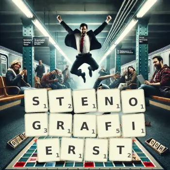 Kreative Illustration für ein Scrabble-Spiel, bei dem das Wort STENOGRAFIERST mit Steinen auf dem Brett gelegt wurde.