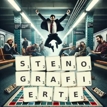 Kreative Illustration für ein Scrabble-Spiel, bei dem das Wort STENOGRAFIERTE mit Steinen auf dem Brett gelegt wurde.