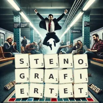 Kreative Illustration für ein Scrabble-Spiel, bei dem das Wort STENOGRAFIERTET mit Steinen auf dem Brett gelegt wurde.