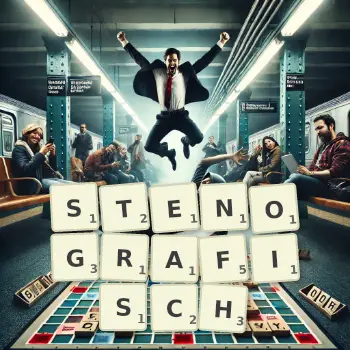 Kreative Illustration für ein Scrabble-Spiel, bei dem das Wort STENOGRAFISCH mit Steinen auf dem Brett gelegt wurde.