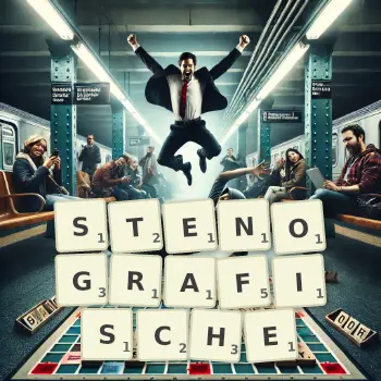 Kreative Illustration für ein Scrabble-Spiel, bei dem das Wort STENOGRAFISCHE mit Steinen auf dem Brett gelegt wurde.