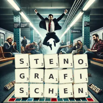 Kreative Illustration für ein Scrabble-Spiel, bei dem das Wort STENOGRAFISCHEN mit Steinen auf dem Brett gelegt wurde.