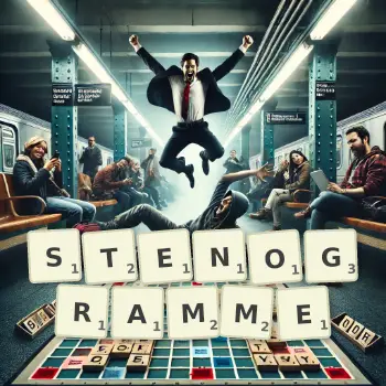 Kreative Illustration für ein Scrabble-Spiel, bei dem das Wort STENOGRAMME mit Steinen auf dem Brett gelegt wurde.