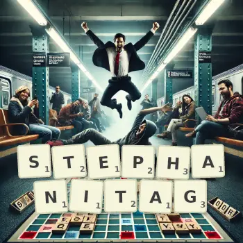 Kreative Illustration für ein Scrabble-Spiel, bei dem das Wort STEPHANITAG mit Steinen auf dem Brett gelegt wurde.