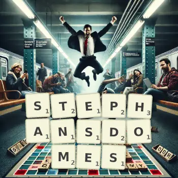 Kreative Illustration für ein Scrabble-Spiel, bei dem das Wort STEPHANSDOMES mit Steinen auf dem Brett gelegt wurde.