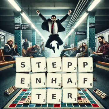 Kreative Illustration für ein Scrabble-Spiel, bei dem das Wort STEPPENHAFTER mit Steinen auf dem Brett gelegt wurde.