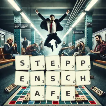 Kreative Illustration für ein Scrabble-Spiel, bei dem das Wort STEPPENSCHAFE mit Steinen auf dem Brett gelegt wurde.