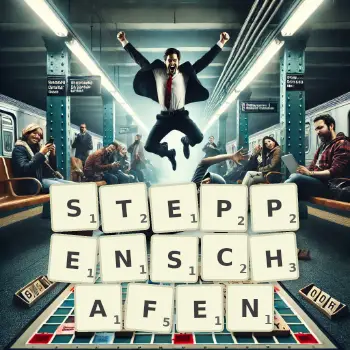 Kreative Illustration für ein Scrabble-Spiel, bei dem das Wort STEPPENSCHAFEN mit Steinen auf dem Brett gelegt wurde.