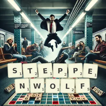 Kreative Illustration für ein Scrabble-Spiel, bei dem das Wort STEPPENWOLF mit Steinen auf dem Brett gelegt wurde.