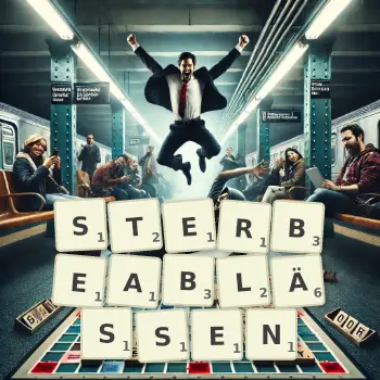 Kreative Illustration für ein Scrabble-Spiel, bei dem das Wort STERBEABLÄSSEN mit Steinen auf dem Brett gelegt wurde.