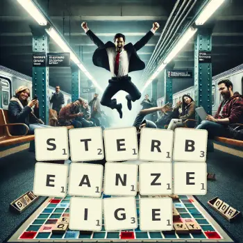 Kreative Illustration für ein Scrabble-Spiel, bei dem das Wort STERBEANZEIGE mit Steinen auf dem Brett gelegt wurde.