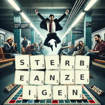 Kreative Illustration für ein Scrabble-Spiel, bei dem das Wort STERBEANZEIGEN mit Steinen auf dem Brett gelegt wurde.