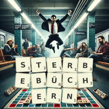 Kreative Illustration für ein Scrabble-Spiel, bei dem das Wort STERBEBÜCHERN mit Steinen auf dem Brett gelegt wurde.