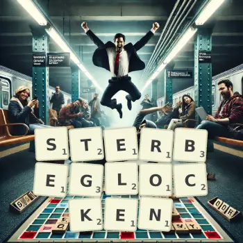 Kreative Illustration für ein Scrabble-Spiel, bei dem das Wort STERBEGLOCKEN mit Steinen auf dem Brett gelegt wurde.