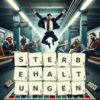 Kreative Illustration für ein Scrabble-Spiel, bei dem das Wort STERBEHALTUNGEN mit Steinen auf dem Brett gelegt wurde.