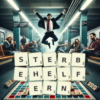 Kreative Illustration für ein Scrabble-Spiel, bei dem das Wort STERBEHELFERN mit Steinen auf dem Brett gelegt wurde.