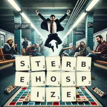 Kreative Illustration für ein Scrabble-Spiel, bei dem das Wort STERBEHOSPIZE mit Steinen auf dem Brett gelegt wurde.