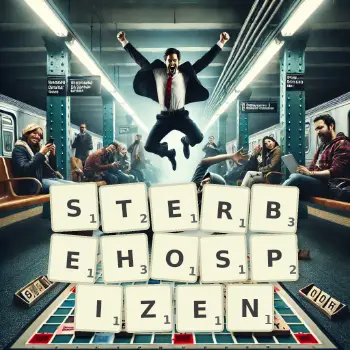 Kreative Illustration für ein Scrabble-Spiel, bei dem das Wort STERBEHOSPIZEN mit Steinen auf dem Brett gelegt wurde.