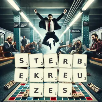 Kreative Illustration für ein Scrabble-Spiel, bei dem das Wort STERBEKREUZES mit Steinen auf dem Brett gelegt wurde.