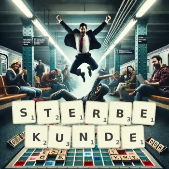 Kreative Illustration für ein Scrabble-Spiel, bei dem das Wort STERBEKUNDE mit Steinen auf dem Brett gelegt wurde.