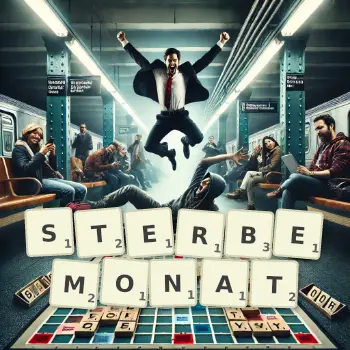 Kreative Illustration für ein Scrabble-Spiel, bei dem das Wort STERBEMONAT mit Steinen auf dem Brett gelegt wurde.