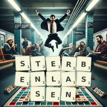 Kreative Illustration für ein Scrabble-Spiel, bei dem das Wort STERBENLASSEN mit Steinen auf dem Brett gelegt wurde.