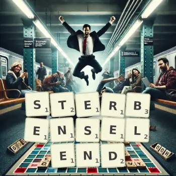 Kreative Illustration für ein Scrabble-Spiel, bei dem das Wort STERBENSELEND mit Steinen auf dem Brett gelegt wurde.