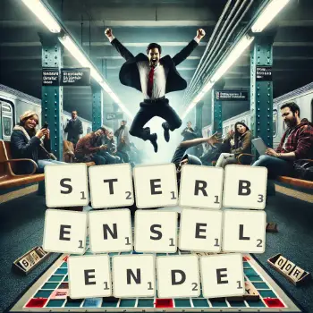 Kreative Illustration für ein Scrabble-Spiel, bei dem das Wort STERBENSELENDE mit Steinen auf dem Brett gelegt wurde.