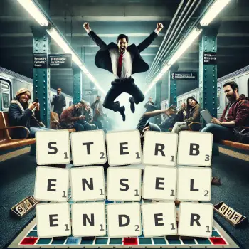 Kreative Illustration für ein Scrabble-Spiel, bei dem das Wort STERBENSELENDER mit Steinen auf dem Brett gelegt wurde.