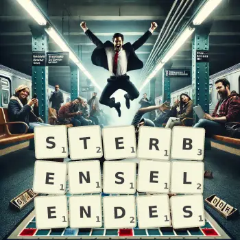 Kreative Illustration für ein Scrabble-Spiel, bei dem das Wort STERBENSELENDES mit Steinen auf dem Brett gelegt wurde.