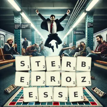 Kreative Illustration für ein Scrabble-Spiel, bei dem das Wort STERBEPROZESSE mit Steinen auf dem Brett gelegt wurde.