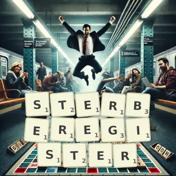 Kreative Illustration für ein Scrabble-Spiel, bei dem das Wort STERBEREGISTER mit Steinen auf dem Brett gelegt wurde.