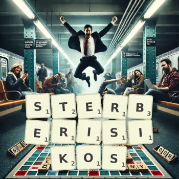 Kreative Illustration für ein Scrabble-Spiel, bei dem das Wort STERBERISIKOS mit Steinen auf dem Brett gelegt wurde.