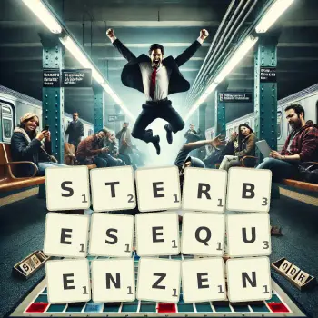 Kreative Illustration für ein Scrabble-Spiel, bei dem das Wort STERBESEQUENZEN mit Steinen auf dem Brett gelegt wurde.