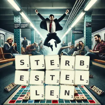 Kreative Illustration für ein Scrabble-Spiel, bei dem das Wort STERBESTELLEN mit Steinen auf dem Brett gelegt wurde.