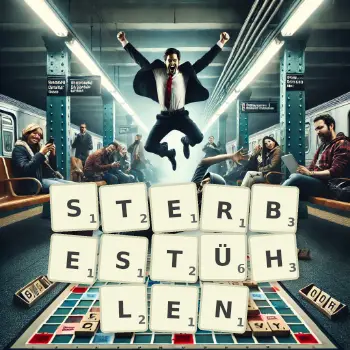 Kreative Illustration für ein Scrabble-Spiel, bei dem das Wort STERBESTÜHLEN mit Steinen auf dem Brett gelegt wurde.
