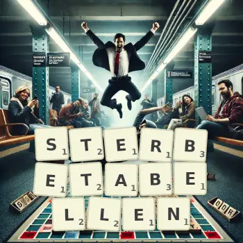 Kreative Illustration für ein Scrabble-Spiel, bei dem das Wort STERBETABELLEN mit Steinen auf dem Brett gelegt wurde.