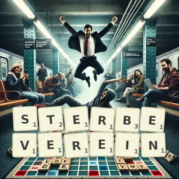 Kreative Illustration für ein Scrabble-Spiel, bei dem das Wort STERBEVEREIN mit Steinen auf dem Brett gelegt wurde.