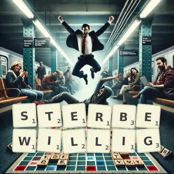 Kreative Illustration für ein Scrabble-Spiel, bei dem das Wort STERBEWILLIG mit Steinen auf dem Brett gelegt wurde.
