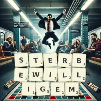 Kreative Illustration für ein Scrabble-Spiel, bei dem das Wort STERBEWILLIGEM mit Steinen auf dem Brett gelegt wurde.