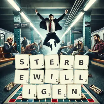 Kreative Illustration für ein Scrabble-Spiel, bei dem das Wort STERBEWILLIGEN mit Steinen auf dem Brett gelegt wurde.