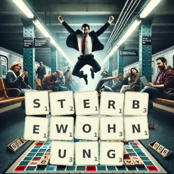Kreative Illustration für ein Scrabble-Spiel, bei dem das Wort STERBEWOHNUNG mit Steinen auf dem Brett gelegt wurde.