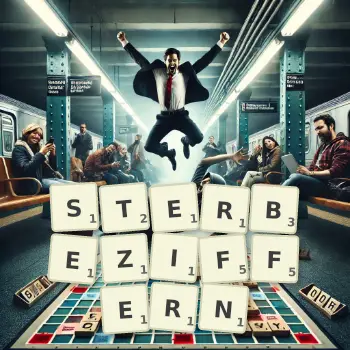 Kreative Illustration für ein Scrabble-Spiel, bei dem das Wort STERBEZIFFERN mit Steinen auf dem Brett gelegt wurde.