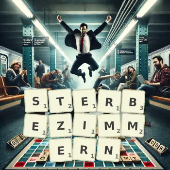Kreative Illustration für ein Scrabble-Spiel, bei dem das Wort STERBEZIMMERN mit Steinen auf dem Brett gelegt wurde.