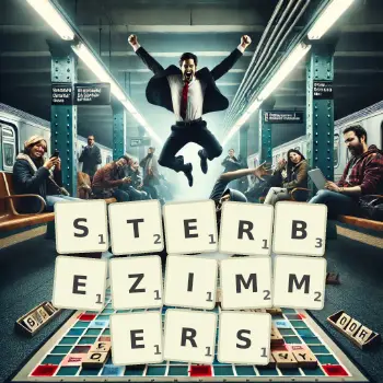 Kreative Illustration für ein Scrabble-Spiel, bei dem das Wort STERBEZIMMERS mit Steinen auf dem Brett gelegt wurde.
