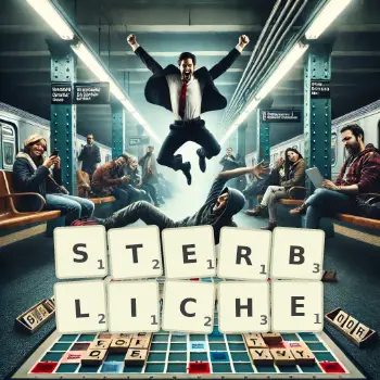 Kreative Illustration für ein Scrabble-Spiel, bei dem das Wort STERBLICHE mit Steinen auf dem Brett gelegt wurde.